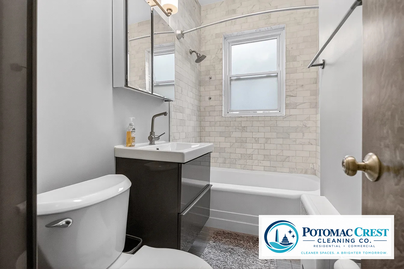 Clean bathroom with shining sink, tub, and marble-look tile