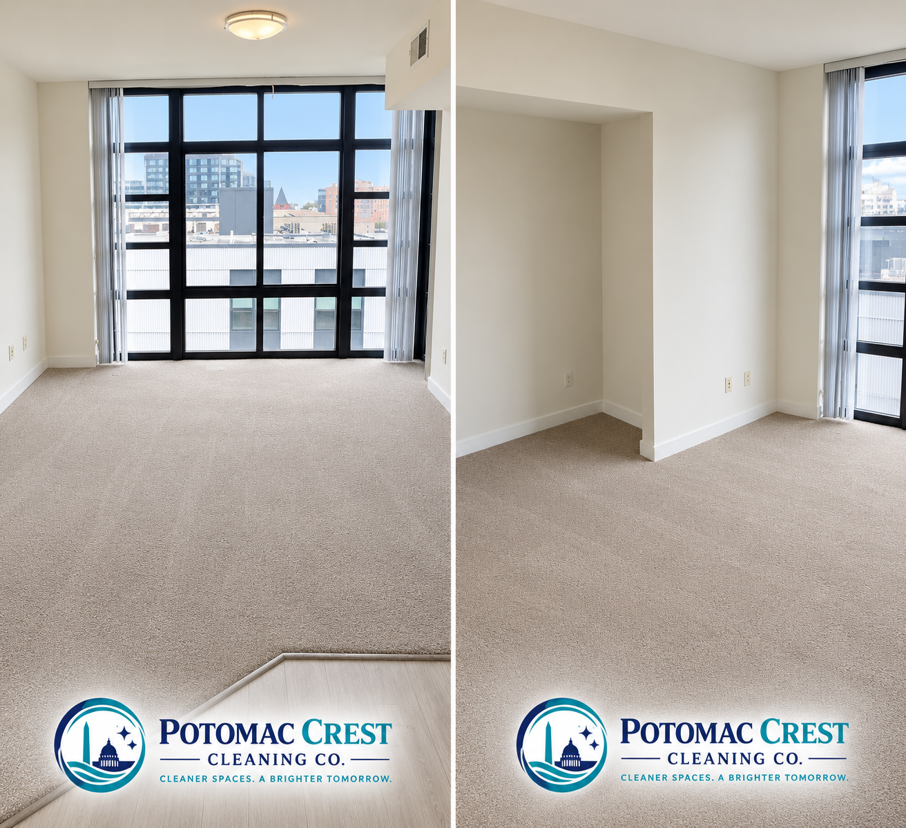 Freshly vacuumed carpeted condo rooms with floor-to-ceiling windows